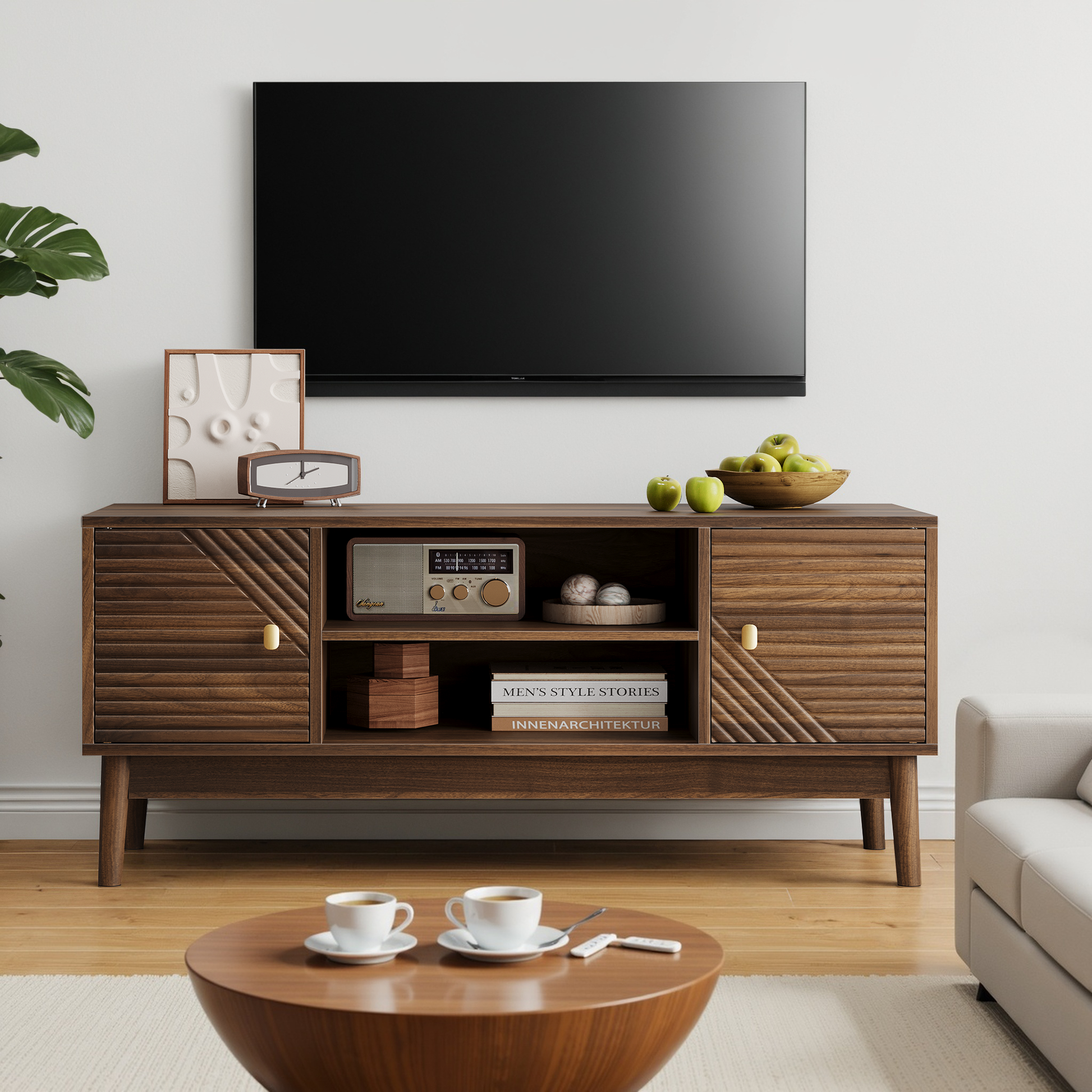 43.31 inch TV Stand, Mid-Century Modern TV Stand for 32/45 inch TV, Entertainment Center with Storage, Media Console Table for Living Room and Bedroom, Walnut - SolidRoot Buy Furniture USA