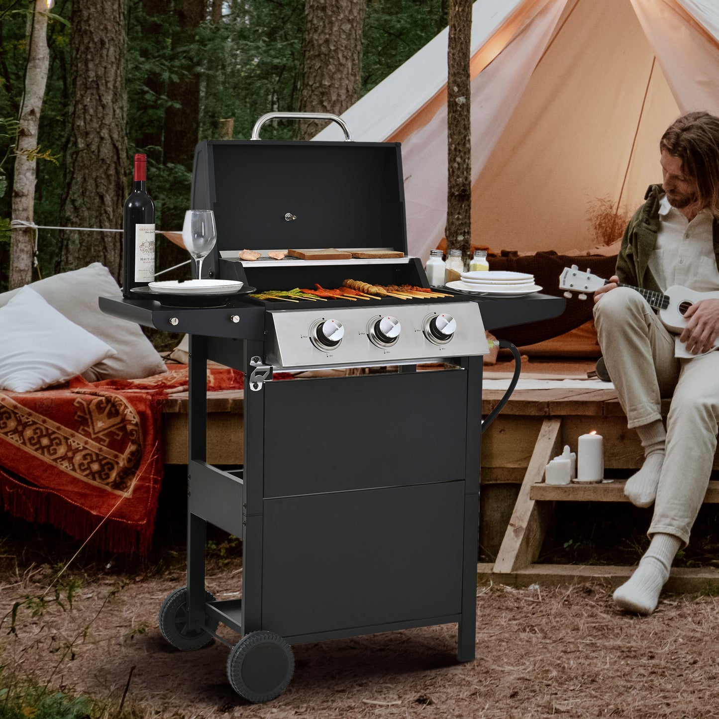 Propane Gas Grill 3 Burner Barbecue Grill, Stainless Steel 26,000 BTU Patio Garden Barbecue Grill with Two Shelves, Lid, Wheels and Bottle Opener SolidRoot Buy Furniture USA
