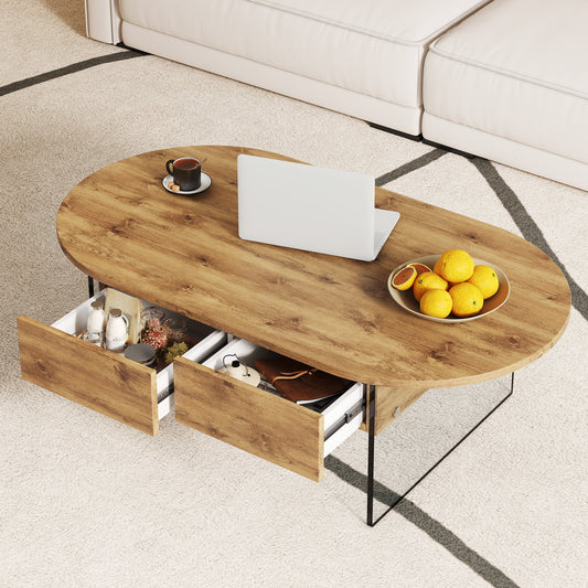 Cozy Natural Oval Double Drawer Coffee Table - 43.3'x23.6' Multi-Functional Design.The board surface is MDF sticker, and both sides are transparent tempered glass.W1151P191785 SolidRoot Buy Furniture USA