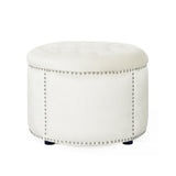 Elegant Round Ottoman with Studded Rim in Beige Velvet, 21.5x21.5 inches SolidRoot Buy Furniture USA
