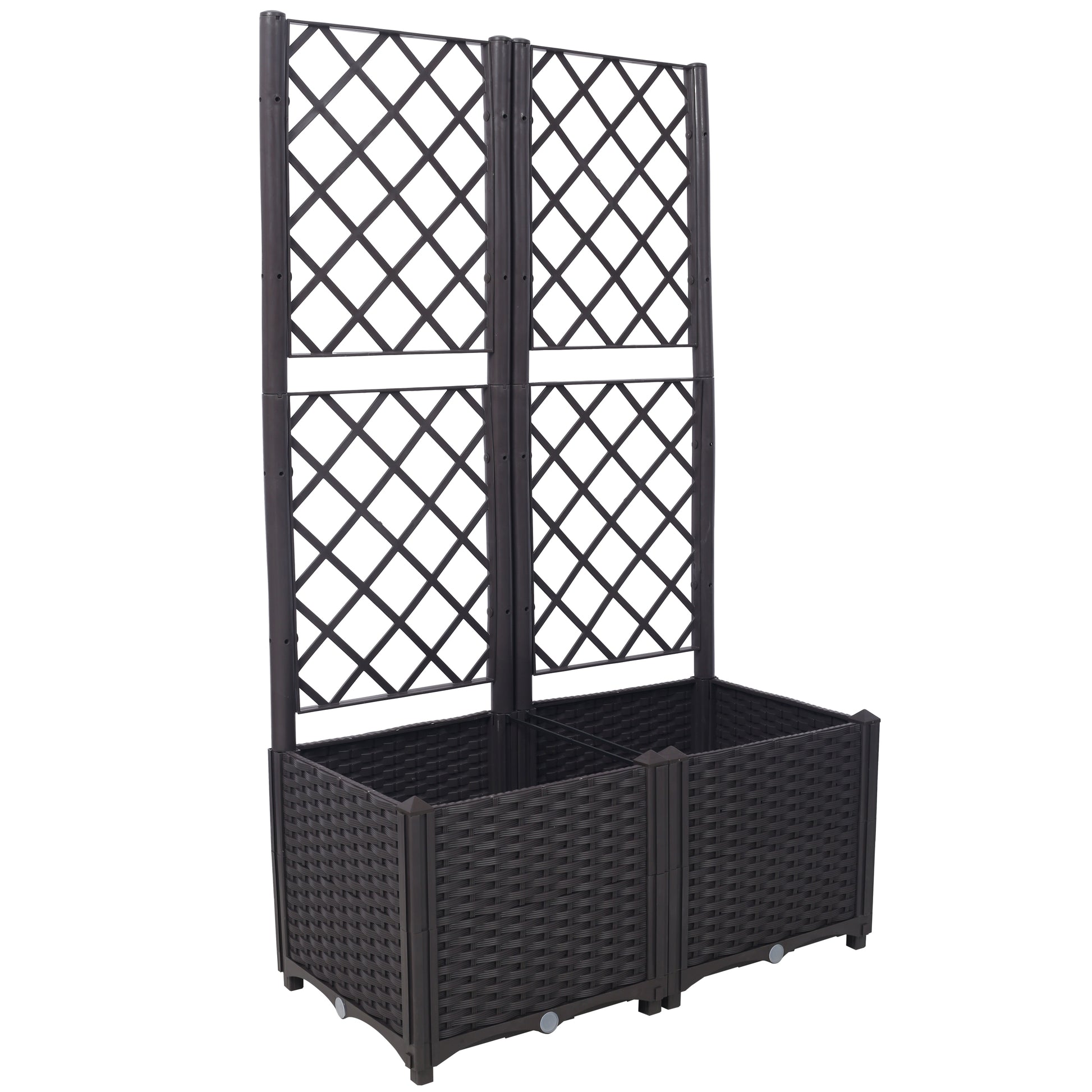 Poly Rattan Brown Trellis Raised Bed  with Drainage Plug - 2 Removable Pots with Large Flower Boxes - Built-in Support for Climbing Plants - Outdoor Patio Garden Decoration SolidRoot Buy Furniture USA