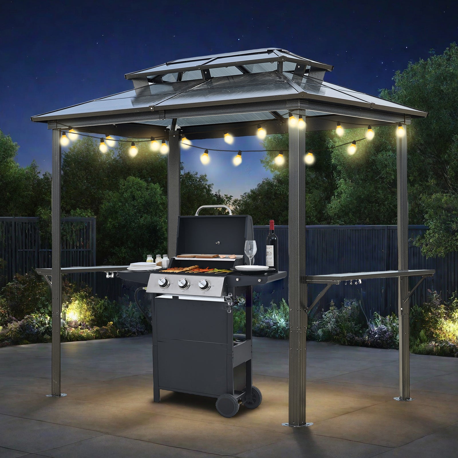 Outdoor Grill Gazebo 8 x 5FT, Hardtop BBQ Gazebo with UV-Resistant Polycarbonate Roof & Storage Hooks for Patio, Lawn, Garden SolidRoot Buy Furniture USA
