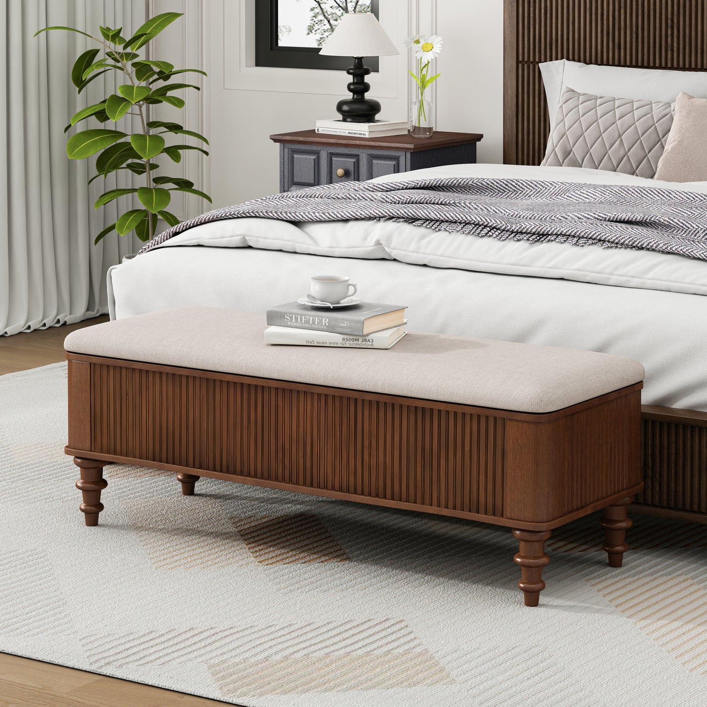 50.8-inch Multi-Functional Storage Ottoman Bench-Solid Rubberwood Bed End Bench with Linen Seat, Storage Bench for Bedroom, Entryway Shoe Organizer for Bedroom, Living Room, Entryway, Closet, Walnut - SolidRoot Buy Furniture USA