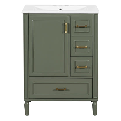 24' Modern Bathroom Vanity with Ceramic Sink, Soft-Close Door, 3 Drawers, Gold Handles, Olive Green Finish, Solid Wood+MDF Construction SolidRoot Buy Furniture USA