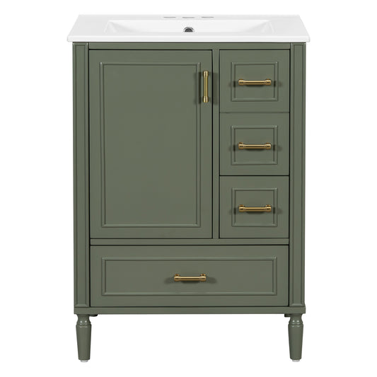 24' Modern Bathroom Vanity with Ceramic Sink, Soft-Close Door, 3 Drawers, Gold Handles, Olive Green Finish, Solid Wood+MDF Construction SolidRoot Buy Furniture USA