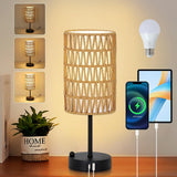 Touch Table Lamp For Bedroom with Bulb, Boho Small Desk Lamp For Living Room With Rattan & Linen Shade, 3 Way Dimmable Bedside Table Lamp For Nightstand With USB Charging Port & Phone Stand For Office SolidRoot Buy Furniture USA