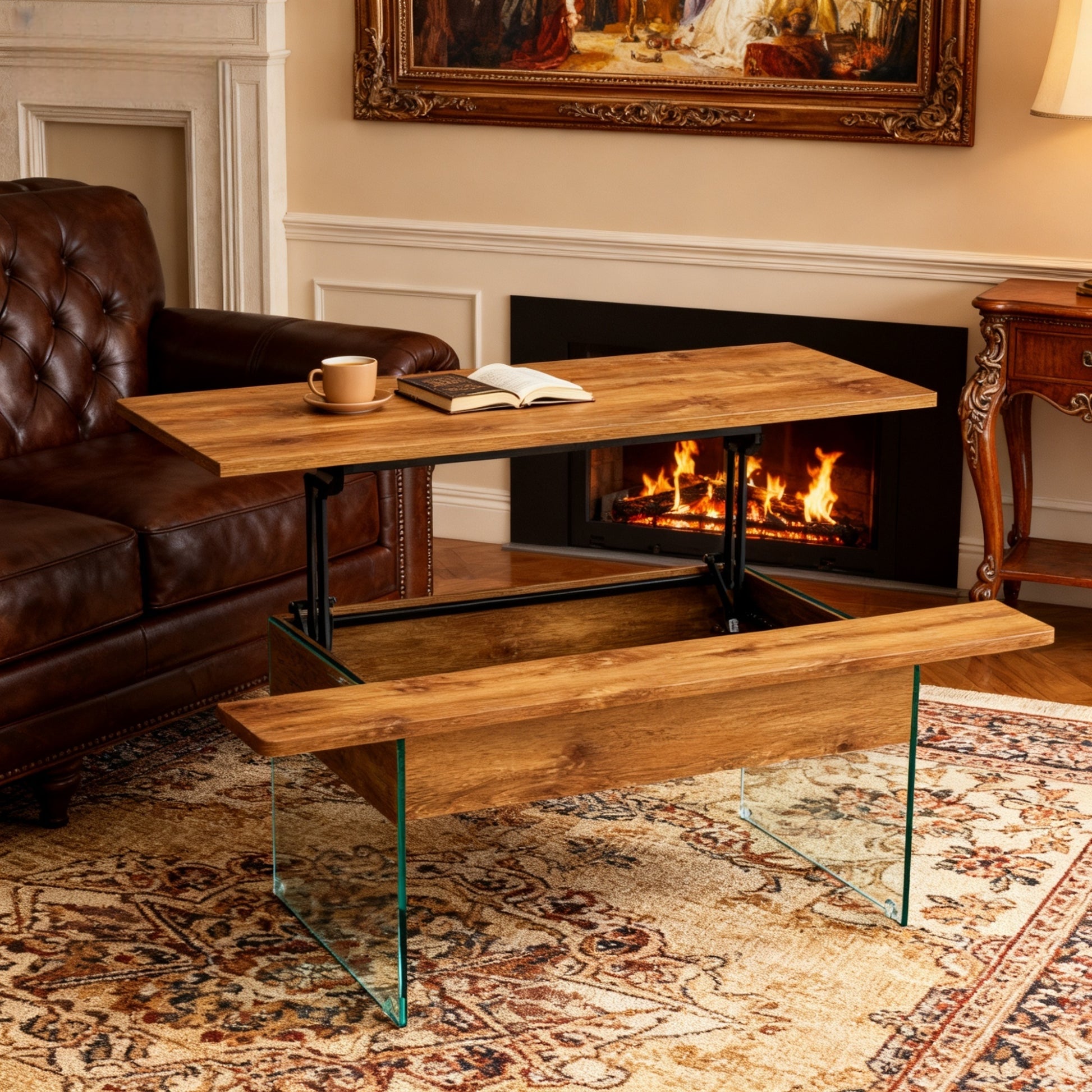 43.3-inch coffee table with height-adjustment function (with storage space) combines rustic style with tempered glass.Space-saving design,multiple color options,Suitable for living room and office SolidRoot Buy Furniture USA