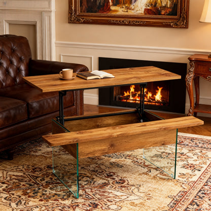 43.3-inch coffee table with height-adjustment function (with storage space) combines rustic style with tempered glass.Space-saving design,multiple color options,Suitable for living room and office SolidRoot Buy Furniture USA