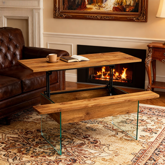43.3-inch coffee table with height-adjustment function (with storage space) combines rustic style with tempered glass.Space-saving design,multiple color options,Suitable for living room and office SolidRoot Buy Furniture USA