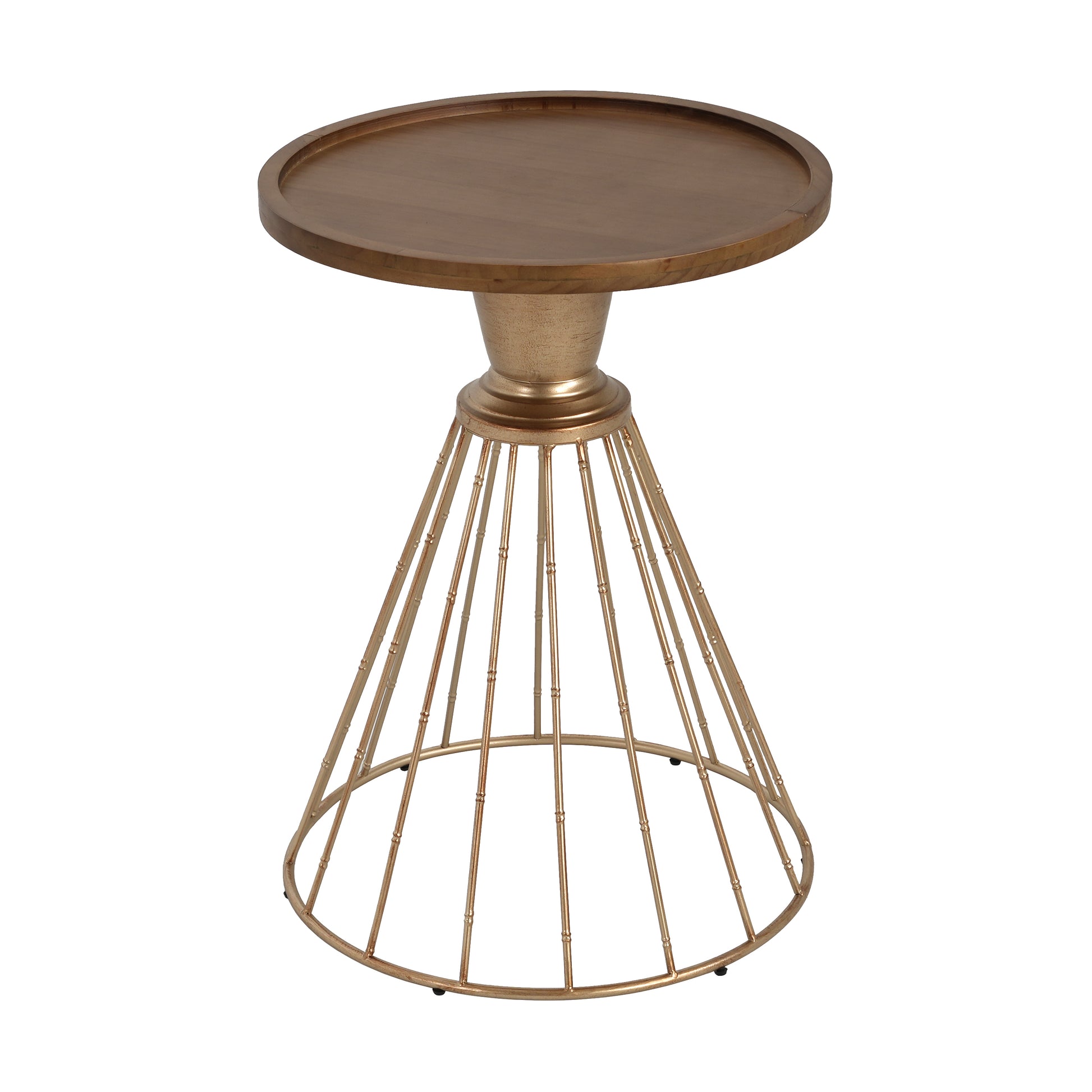 Hollow Edge Retro Art Pine Side Table with Antique Gold and Natural Color, Iron and Pine Construction, 18-Inch Diameter SolidRoot Buy Furniture USA