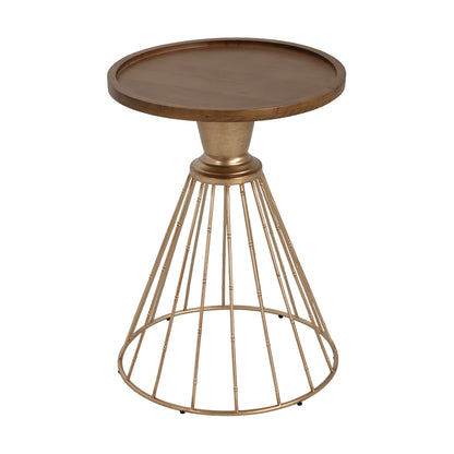 Hollow Edge Retro Art Pine Side Table with Antique Gold and Natural Color, Iron and Pine Construction, 18-Inch Diameter SolidRoot Buy Furniture USA