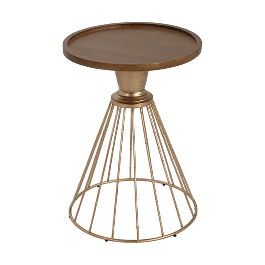 Hollow Edge Retro Art Pine Side Table with Antique Gold and Natural Color, Iron and Pine Construction, 18-Inch Diameter SolidRoot Buy Furniture USA