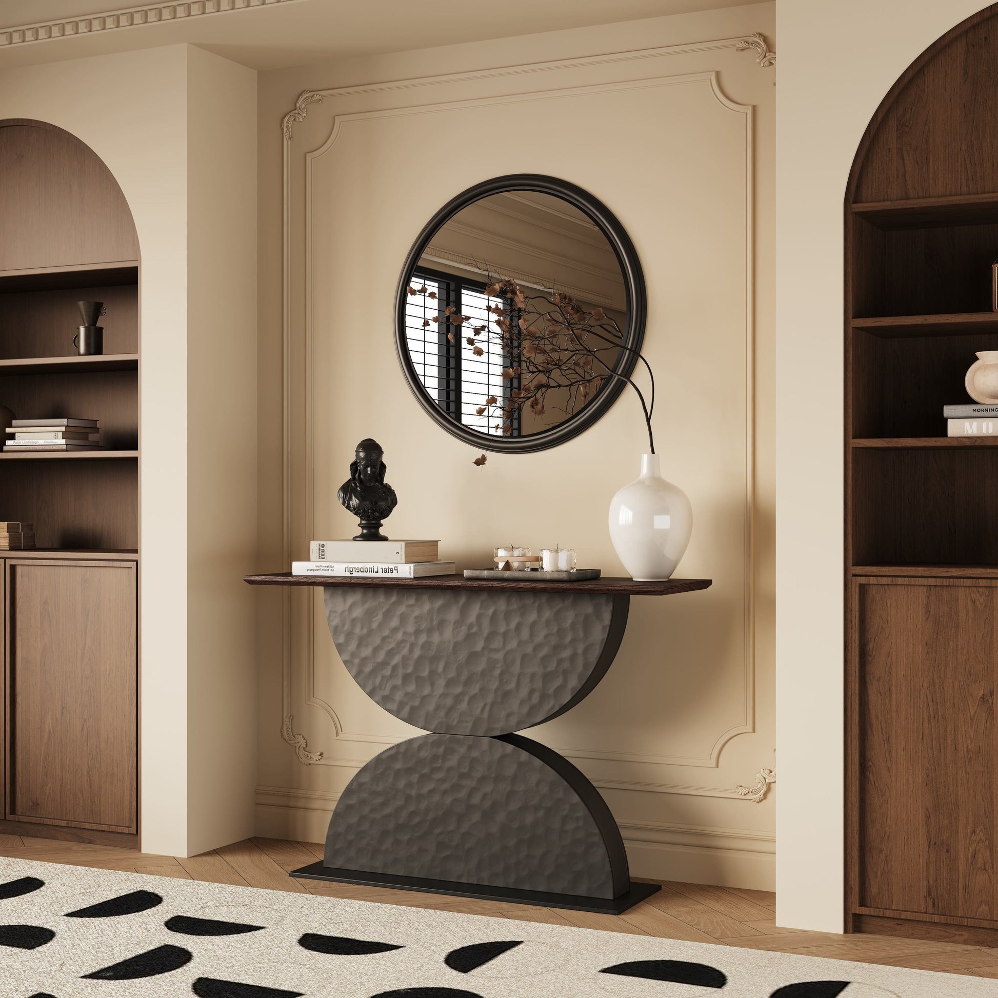 47''Double Semi-Circles 3d Hammer-Shaped Texture Base Wood Console Table With Led Light Entryway Table Modern Console Table,Sofa Console Tables For Living Room - SolidRoot Buy Furniture USA