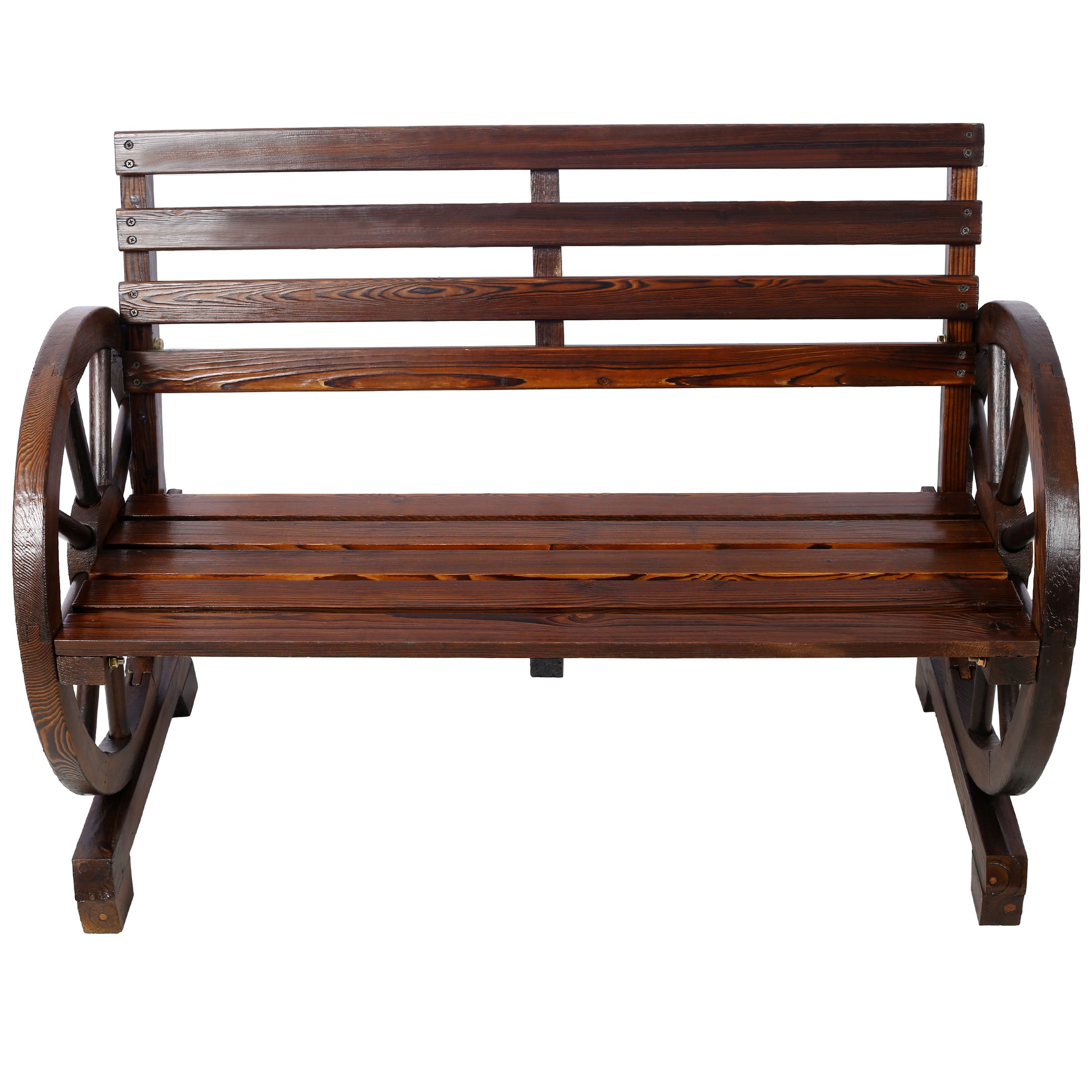 Rustic Country 2-Person Wooden Wagon Wheel Bench with Slatted Seat and Backrest in Brown SolidRoot Buy Furniture USA
