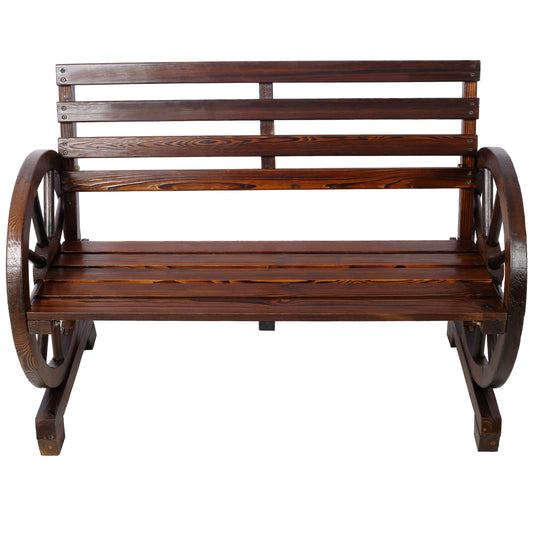 Rustic Country 2-Person Wooden Wagon Wheel Bench with Slatted Seat and Backrest in Brown SolidRoot Buy Furniture USA