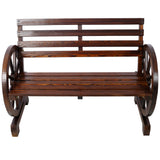 Rustic Country 2-Person Wooden Wagon Wheel Bench with Slatted Seat and Backrest in Brown SolidRoot Buy Furniture USA