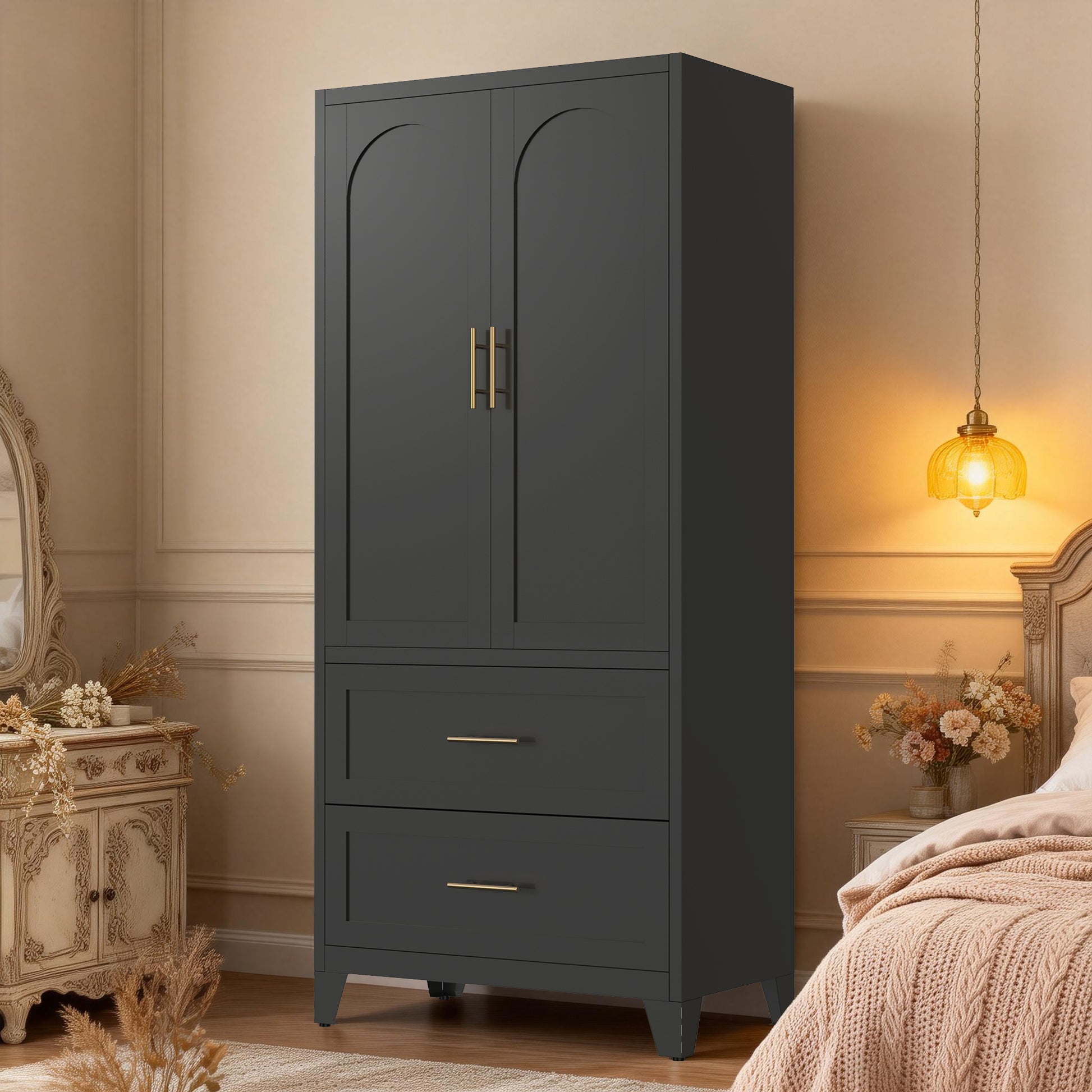 71' Tall Metal Wardrobe Cabinet with 2 Drawers and Hanging Rod, 2 Doors Wardrobe Closet with Shelf for Bedroom, Office, Laundry Room,Entryway ,Foyer,Guesthouse (Black) SolidRoot Buy Furniture USA