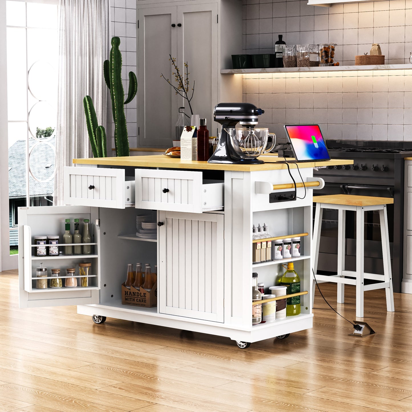 K&K 48 inch Large Kitchen Island with Drop Leaf,Power Outlet,Internal Storage Rack,Rolling Kitchen Storage Cart on 5 Wheels with 5 Open Side Racks for Kitchen,White (Two Packages)(Not Include Stools) - SolidRoot Buy Furniture USA