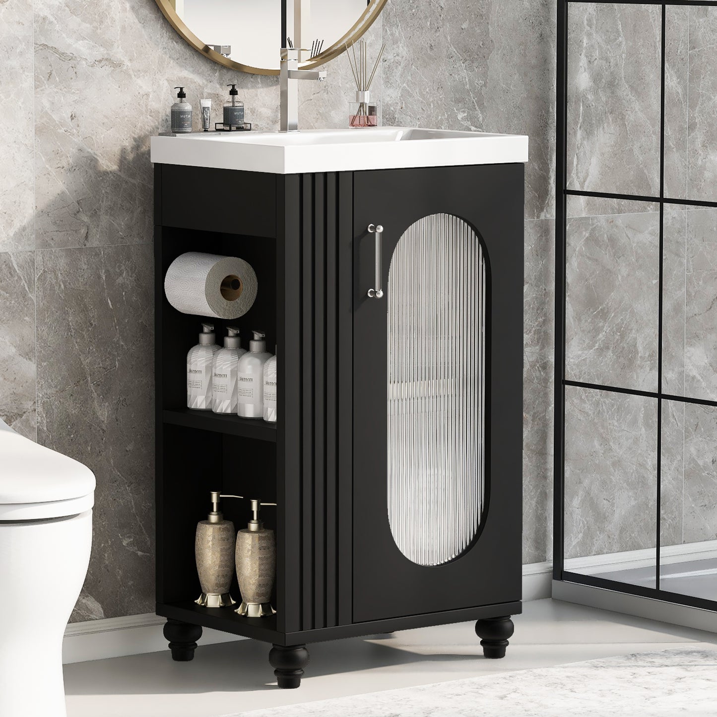 20' Bathroom Vanity with Sink, Bathroom Vanity Cabinet with Two-tier Shelf, Adjustable Shelf, Solid Wood and MDF, Black(Old SKU:N725P246925B) SolidRoot Buy Furniture USA