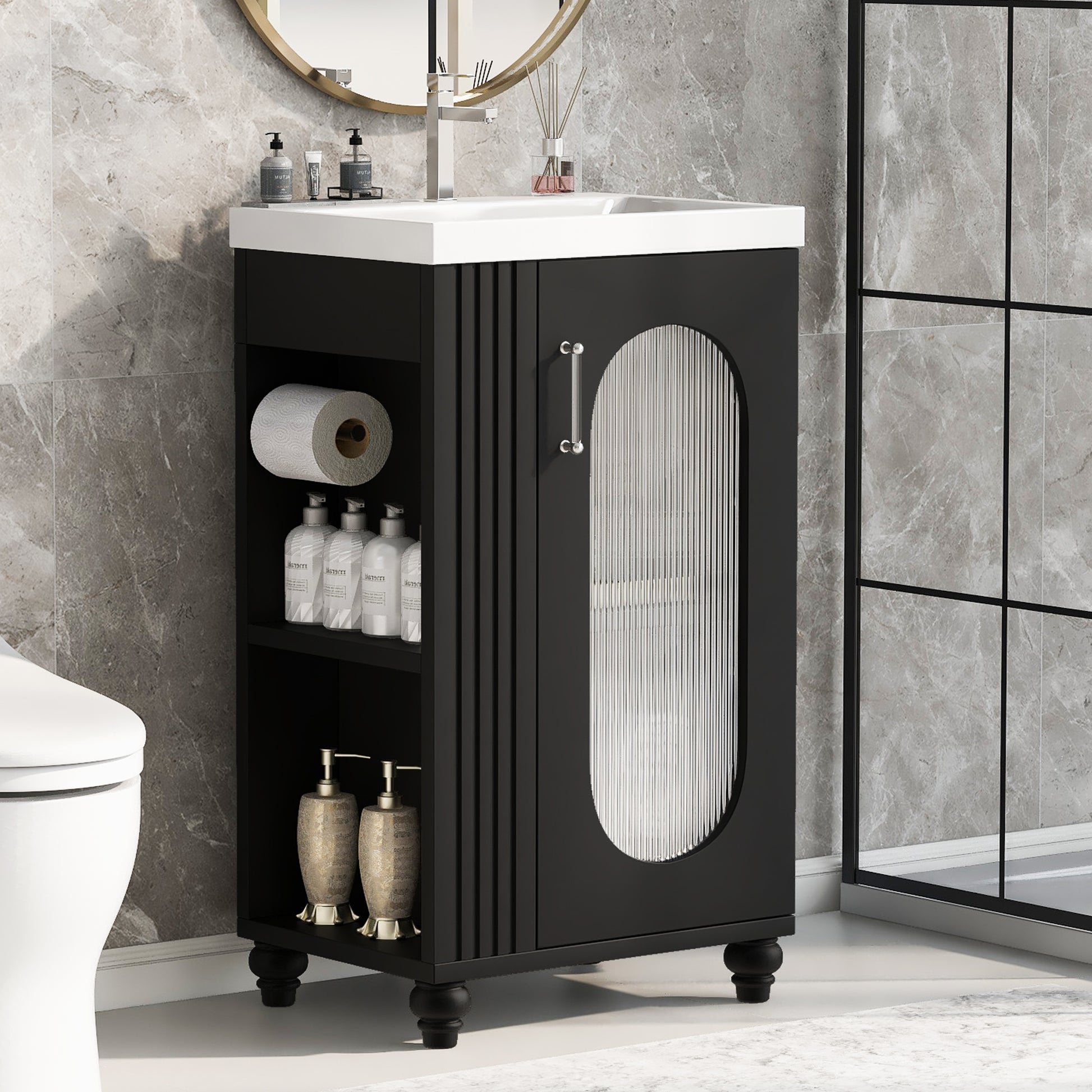 20' Bathroom Vanity with Sink, Bathroom Vanity Cabinet with Two-tier Shelf, Adjustable Shelf, Solid Wood and MDF, Black(Old SKU:N725P246925B) SolidRoot Buy Furniture USA