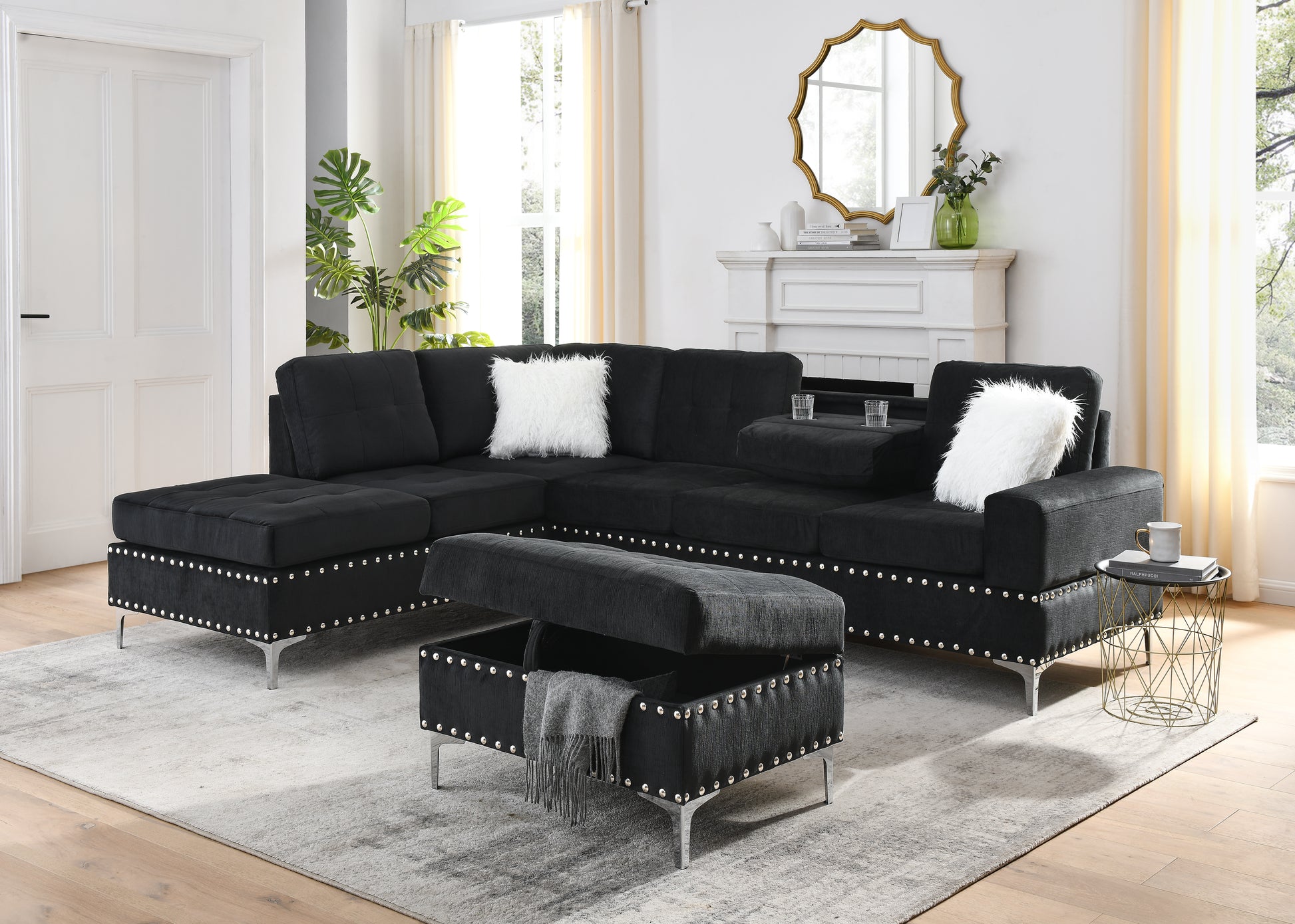 Sectional 3-Seaters Sofa with Reversible Chaise, Storage Ottoman and Cup Holders, Metal Legs and Copper Nails,Two White Villose Pillows ,Black(107.5' x 80.5' x36') SolidRoot Buy Furniture USA