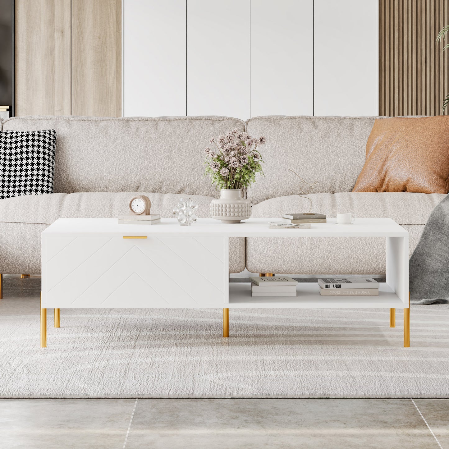 Mid-Century Modern Coffee Table with Double Drawers(White) SolidRoot Buy Furniture USA