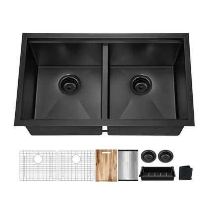 33 inch Upgrade Black Doubel Bowl Undermount Workstation Stainless Steel Sink , 18 Gauge Single Bowl Stainless Steel 10' Deep Under Counter Kitchen Sink Basin with Multifunctional Accessories
