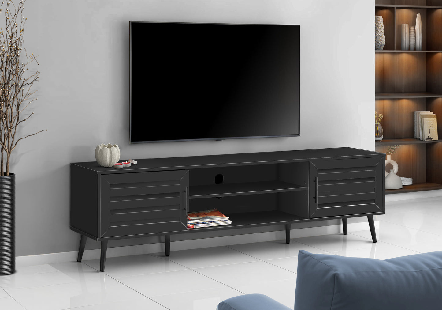 Tv Stand, 72 Inch, Console, Media Entertainment Center, Storage Cabinet, Living Room, Bedroom, Black Laminate, Transitional SolidRoot Buy Furniture USA