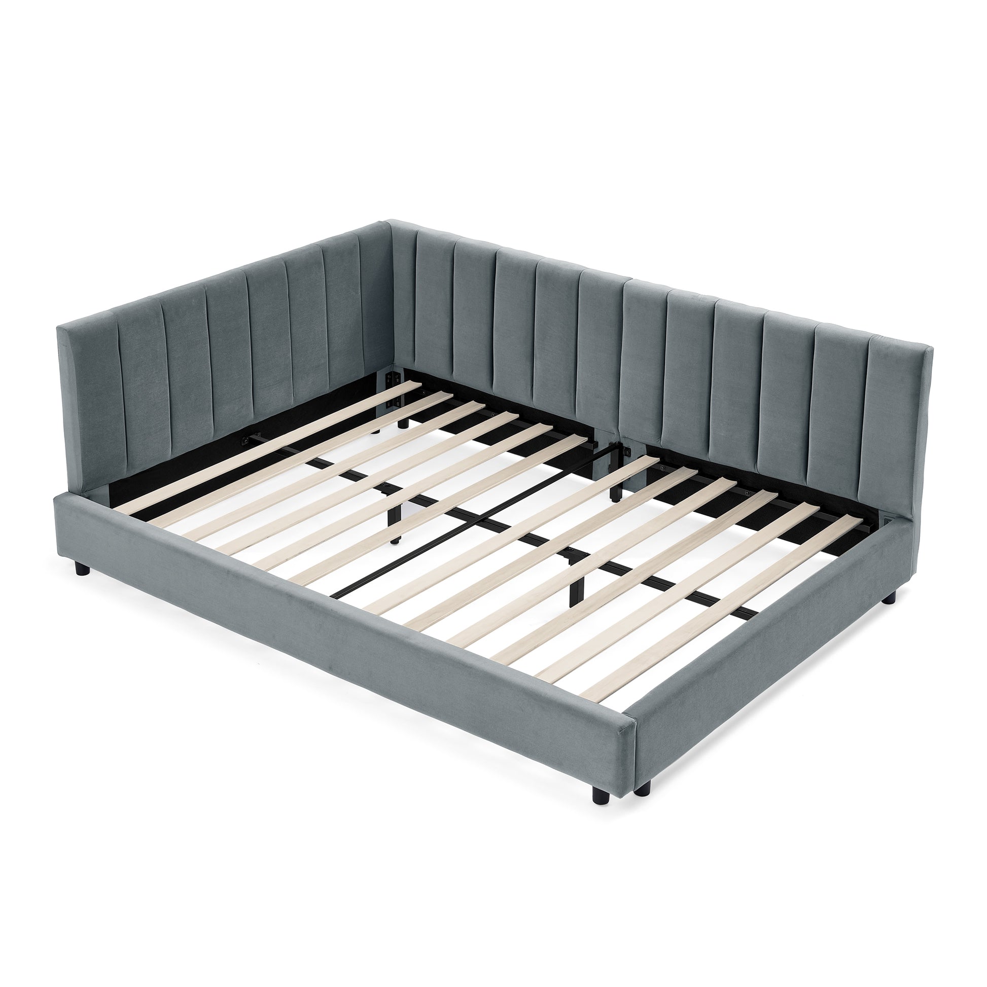 Mid-Century Upholstered Tufted Bed Frame with Backrest and Armrests, Velvet-Gray, Full Size SolidRoot Buy Furniture USA