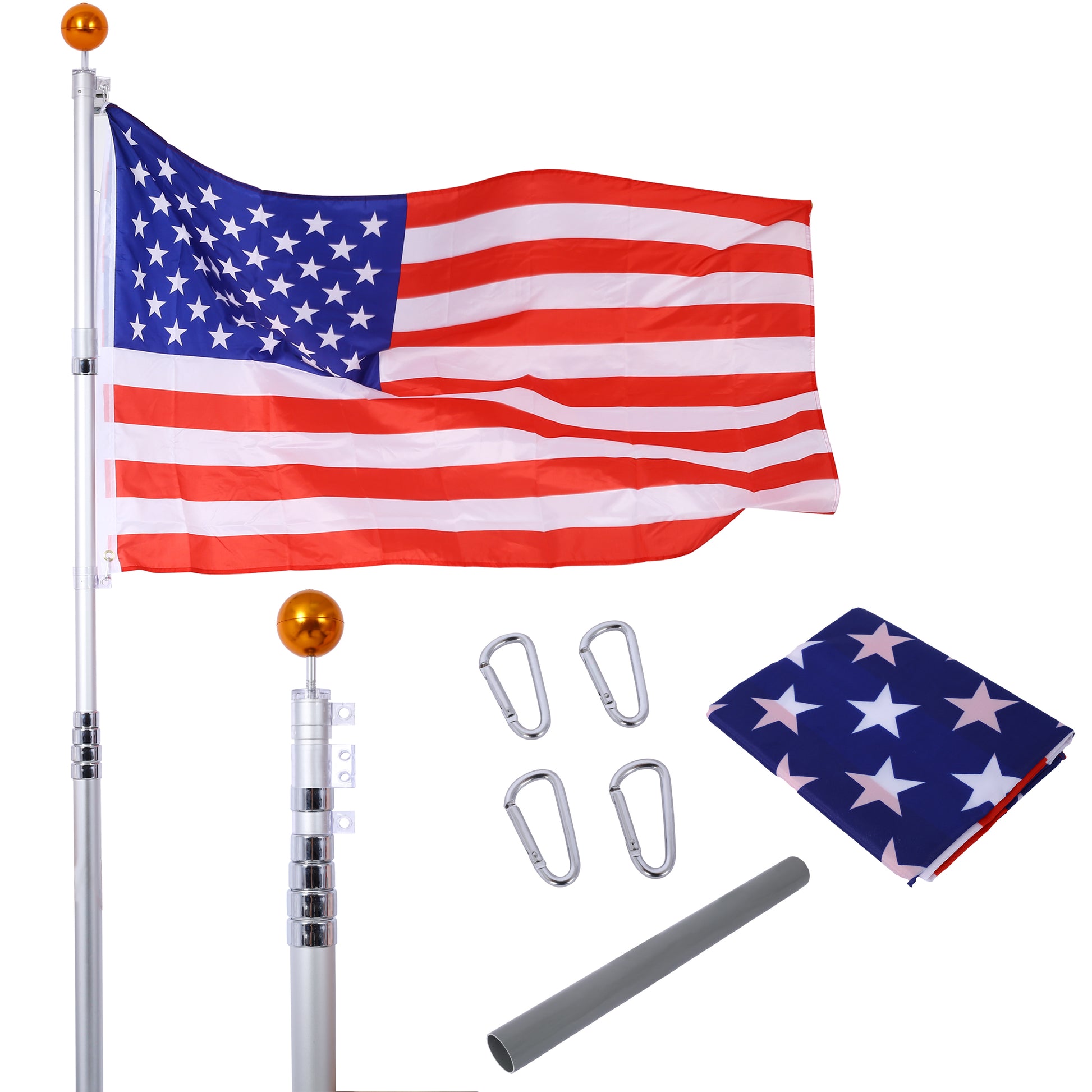 25FT Telescopic Flag Pole Kit, Sectional Flag Pole Kit, Extra Thick Heavy Duty Aluminum Flagpole, Outdoor Inground Flag Poles with Topper Balls for Yard, Residential or Commercial SolidRoot Buy Furniture USA