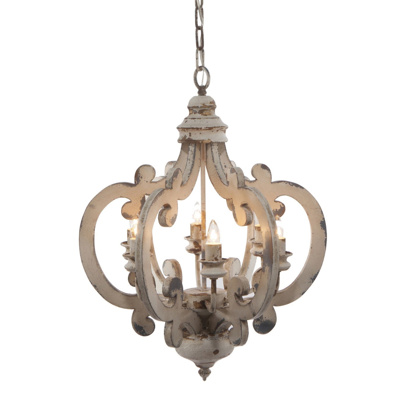 Aki 21 Inch 6 Light Chandelier, Carved Wood Frame, Classic, Vintage, White