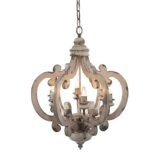 Aki 21 Inch 6 Light Chandelier, Carved Wood Frame, Classic, Vintage, White
