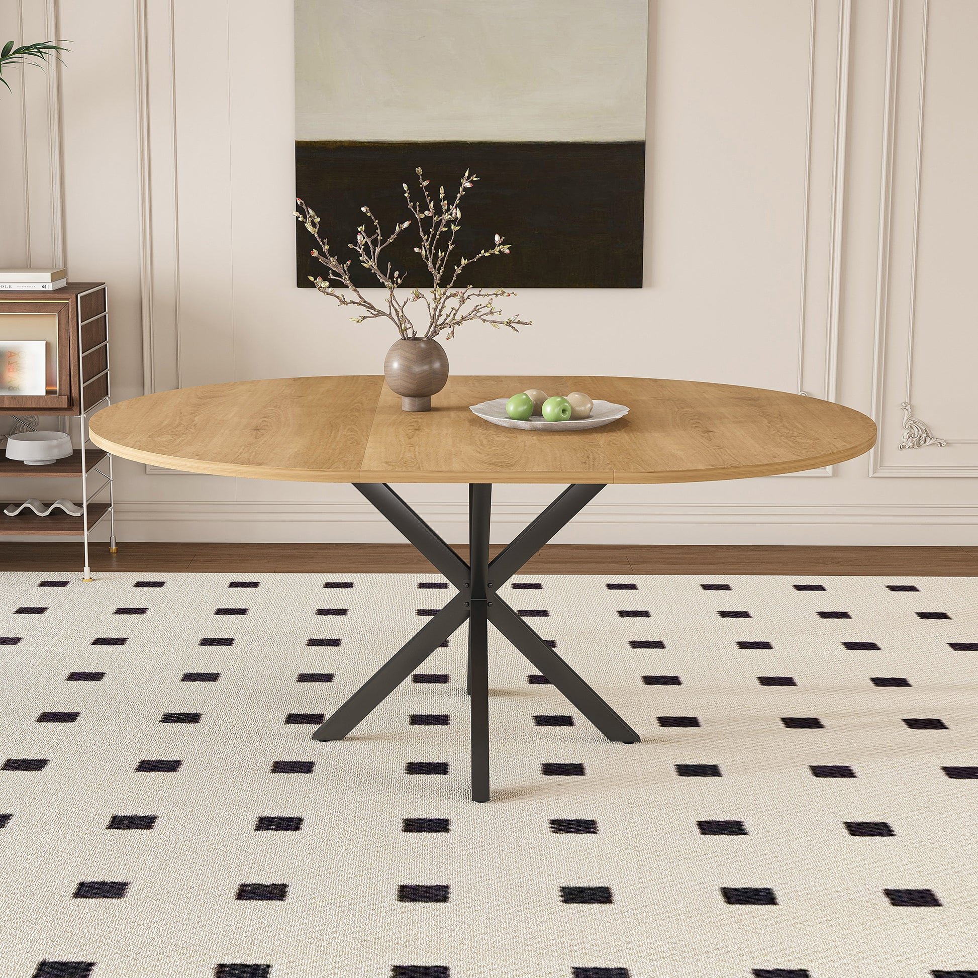 Extendable Round Dining Table for 2-6 Person, 43 to 58 Inch Oak Finish Expandable Table with Carbon Steel Base, Modern Space Saving Dining Room Furniture SolidRoot Buy Furniture USA