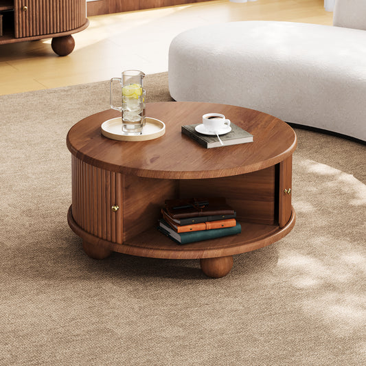 Round Fluted Coffee Table with Storage, Pine Solid Wood, Sliding Door, Walnut, 31.8' - SolidRoot Buy Furniture USA