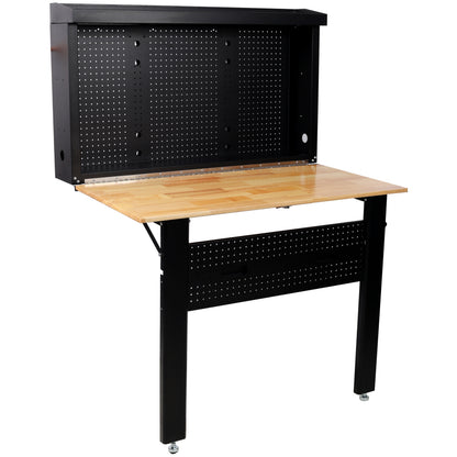 Wall Mounted Workbench, Robust Space-Saving Foldable Workbench with Rubberwood Work Surface, Pegboard for Tools SolidRoot Buy Furniture USA