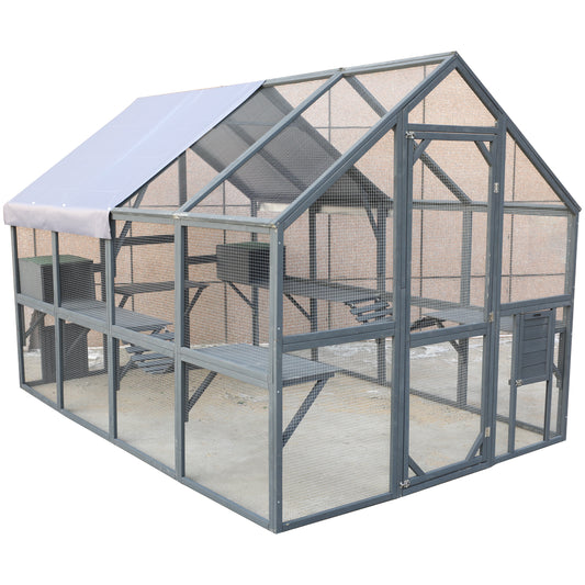 Spacious Wooden Cat Catio Outdoor Kitty House with Bridges and Roof Cover in Gray, 110 Inch SolidRoot Buy Furniture USA