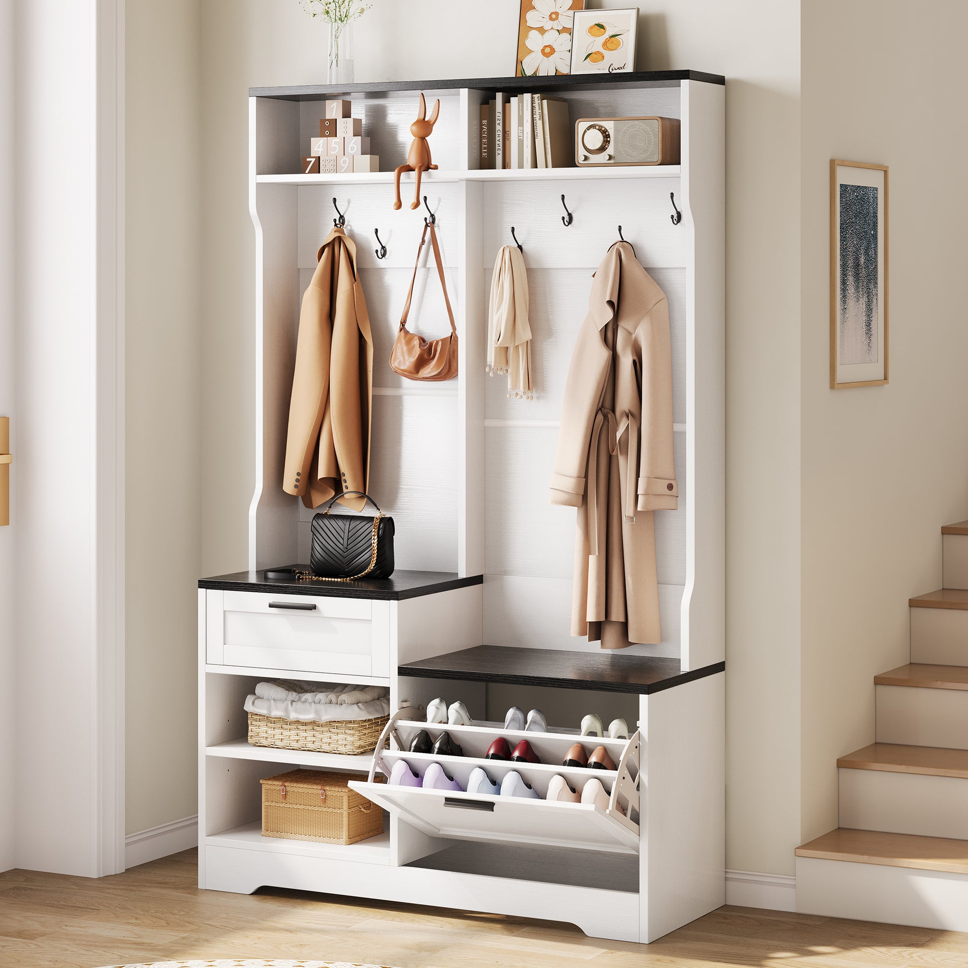 Hall Tree with Bench and Shoe Storage, 6-in-1 Entryway Organizer, 43.3' x 15.75' x 70.87', MDF Wood, Embossed White/Black Wood Grain Finish - SolidRoot Buy Furniture USA