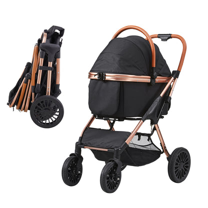 Pet Stroller, 4 Wheels Dog Stroller Rotate with Brakes, 66 lbs Weight Capacity, Puppy Stroller with Detachable Carrier, Storage Basket and Pet Pad, for Small to Medium Sized Dogs, Black - SolidRoot Buy Furniture USA