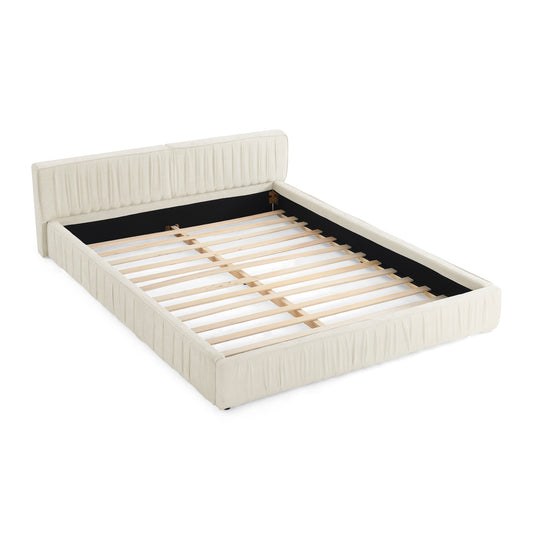Modern Beige Queen Size Upholstered Platform Bed Frame with Chenille Fabric and Pleated Design SolidRoot Buy Furniture USA